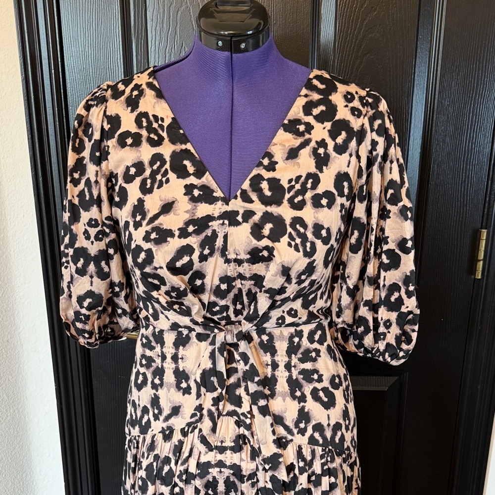 Rebecca Taylor puff sleeve Leopard Print Midi Dress Sz 8 - Picture 4 of 6